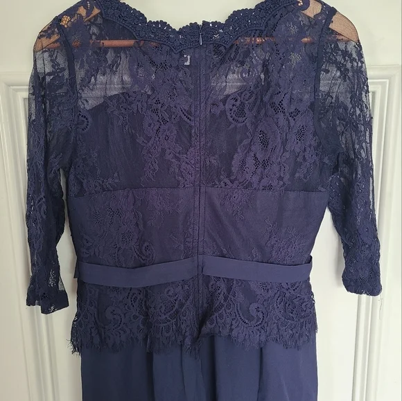 Shein Navy Blue Belted Lace Illusion Neckline Jumpsuit - Picture 5 of 7